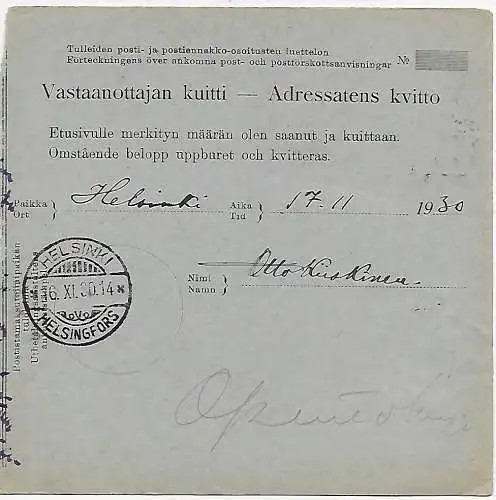 Finnland: Postanvisning, PostanweisungLieska nach Helsinki 1930