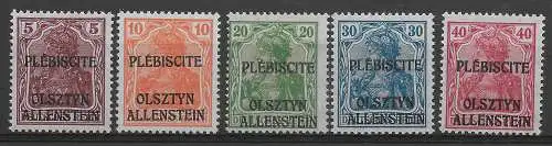 Allenstein: Unverausgabte Freimarken MiNr. II-VI, postfrisch, einwandfrei Attest