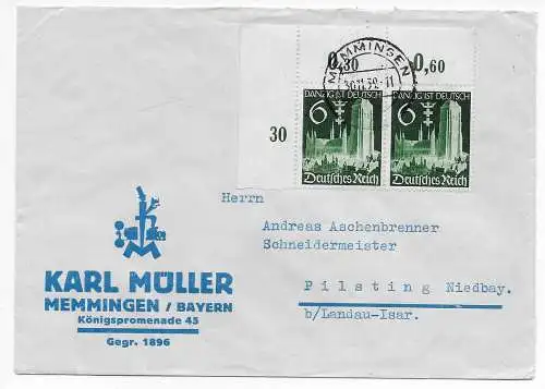 DR: Brief MeF vom 30.11.39, Memmingen nach Pilsting, Eckrand
