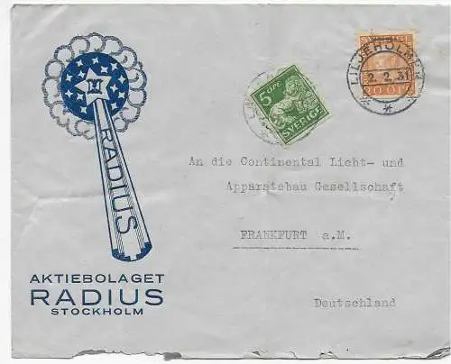 Schweden: Brief aus Stockholm nach Frankfurt, 1931, rücks. Vignette