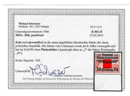 Generalgouvernement (GG) 14-39  Plattenfehler MiNr. 30 II, BPP geprüft Unterrand
