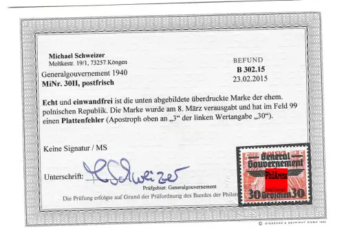 Generalgouvernement (GG) 14-39  Plattenfehler MiNr. 30 II, BPP geprüft