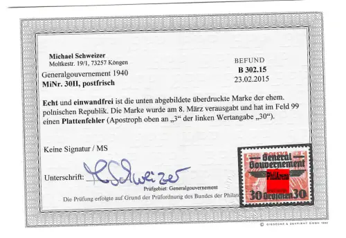 Generalgouvernement (GG) 14-39  Plattenfehler MiNr. 30 II, BPP geprüft