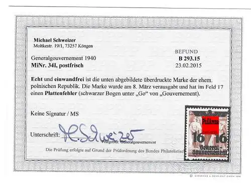 Generalgouvernement GG: Plattenfehler MiNr. 34 I, BPP geprüft, Druckverschiebung