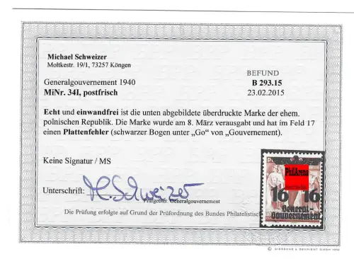 Generalgouvernement GG: Plattenfehler MiNr. 34 I, BPP geprüft, Druckverschiebung