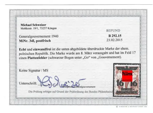 Generalgouvernement GG 14-39: Plattenfehler MiNr. 34 I, BPP geprüft