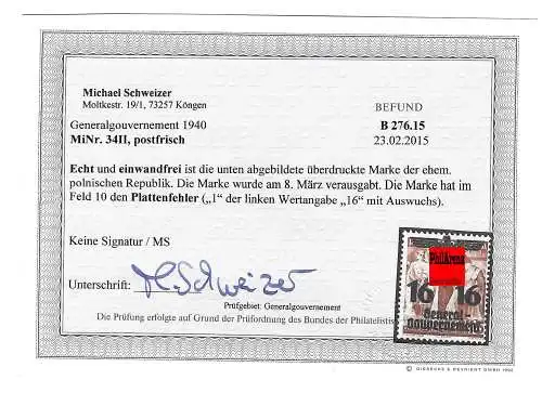 Generalgouvernement GG 14-39: Plattenfehler MiNr. 34 II, BPP geprüft