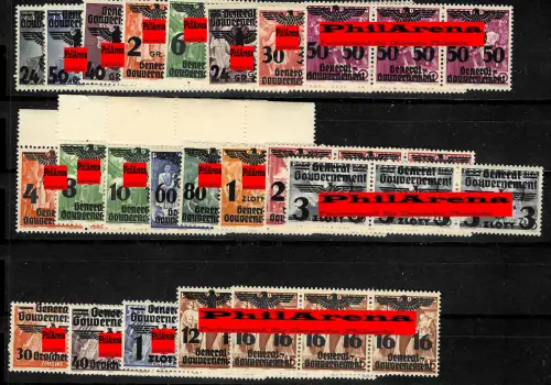 Generalgouvernement (GG) 14-39, kompletter Satz waagrechter 3er Streifen, **