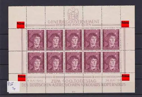 Generalgouvernement (GG) Kopernikus, Kleinbogen, 2x Plattenfehler und Leerfelder