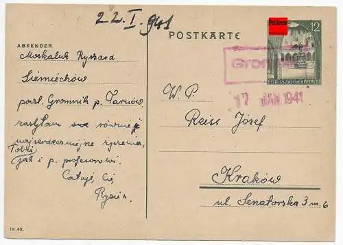 GG Generalgouvernement: Ganzsache von Siemichow nach Krakau 1941, Agenturstempel