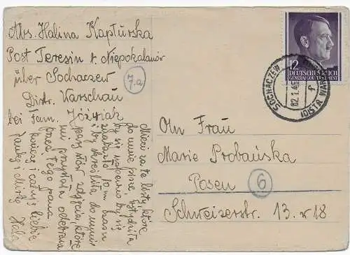 GG Generalgouvernement: Postkarte mit PLZ Sochaczew nach Warschau: 02.01.45