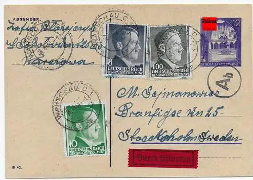 GG Generalgouvernement: Ganzsache an Deckadresse als Eilbote nach Schweden