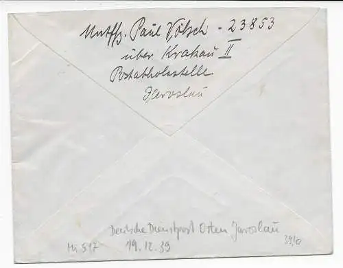 GG Generalgouvernement: Tschenstochau 19.12.39, DPO Jarolslau, Feldpost