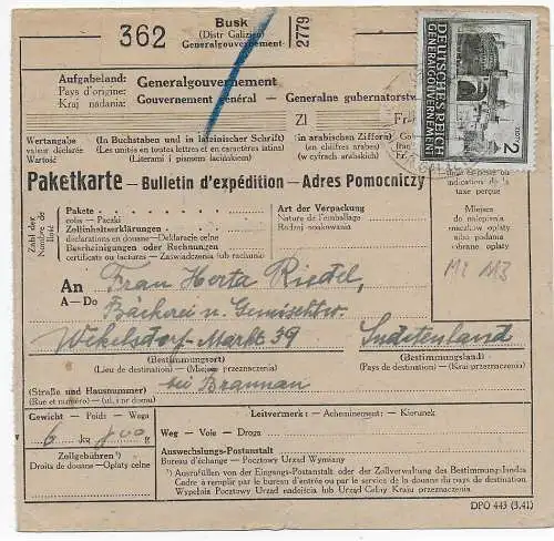 GG Generalgouvernement: Auslandspaketkarte Busko/Galizien ins Sudetenland