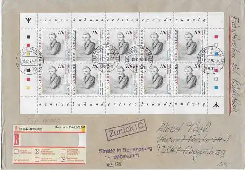 Bund: 1997 Einschreiben Rückschein, MiNr. 1962 I, Kleinbogen