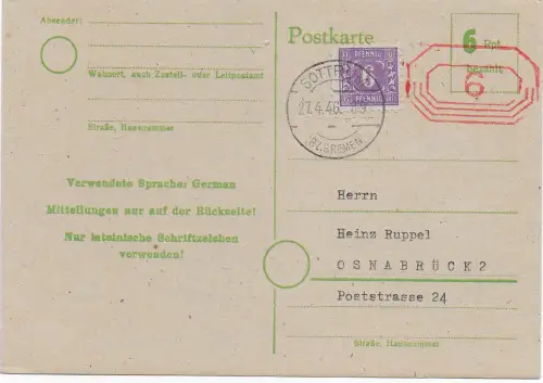 BiZone: Lokalausgabe Bremen Sottrum 1946 mit Zusatzfrankatur nach Portoerhöhung