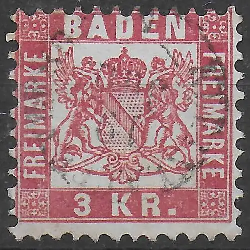 Baden: MiNr. 24, gestempelt: Abart Delle im Rahmen unter "3"