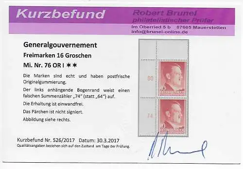 GG Generalgouvernement: MiNr. 16 OR I, postfrisch: Falscher Reihenwertzähler