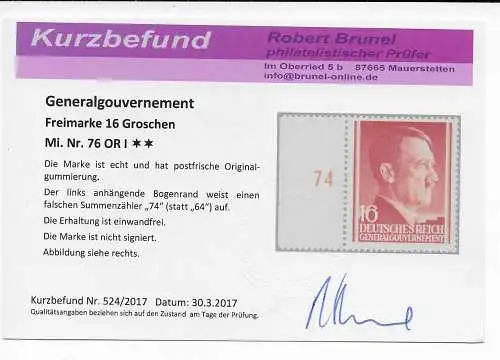 GG Generalgouvernement: MiNr.16 OR I, postfrisch: Falscher Reihenwertzähler