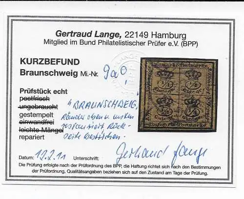 Braunschweig: MiNr. 9a, gestempelt, BPP geprüft