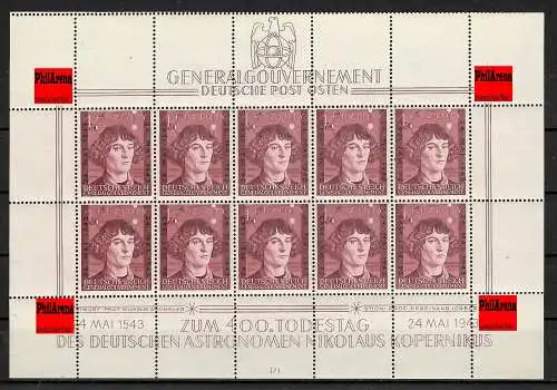 Generalgouvernement GG: Kleinbogen MiNr. 104 - Kopernikus I/1, ** oben gezähnt