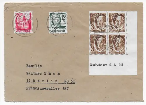 Franz. Zone: Brief Bad Liebenzell nach Berlin: Druckvermerk im Viererblock