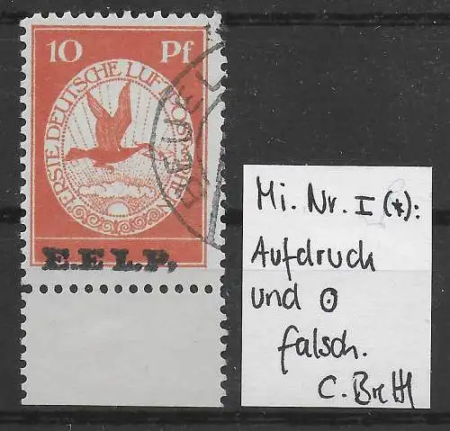 DR: MiNr. I, Aufdruck und Stempel falsch, BPP geprüft