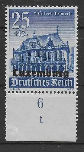 Luxemburg: MiNr. 40, postfrisch, Sektor Nr. 1 im Unterrand, spiegelverkehrt