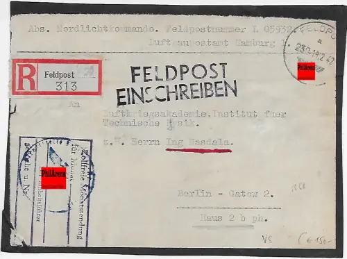 Feldpost: Einschreiben Nordlichtkommando FP 05932 nach Berlin 1942