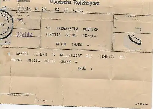 DR: Telegramm 23.2.1945 von Berlin nach Weida - spätes Telegramm