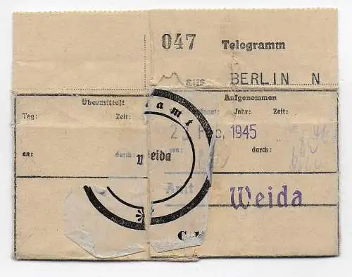 DR: Telegramm 23.2.1945 von Berlin nach Weida - spätes Telegramm