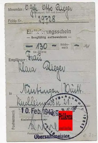 Feldpost: FP Nr. 29728, Einleiferungsschein 1943 nach Nürtingen