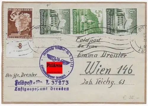 Feldpost: FP Nr. L 37273, Luftgaupostamt Dresden auf Päckchenadresse nach Wien