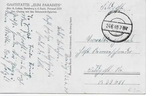 Feldpost: AK Gaststätte zum Paradies, Bernburg a.d.Saale 1940 an FPNr. M39691
