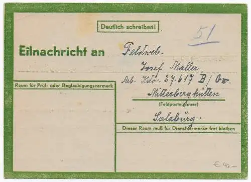 Eilnachricht an FPNr. 27617B, Salzburg von Wien: 8.2.45 Bombenangriff