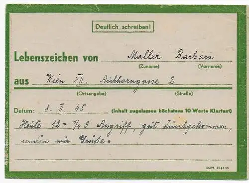 Eilnachricht an FPNr. 27617B, Salzburg von Wien: 8.2.45 Bombenangriff