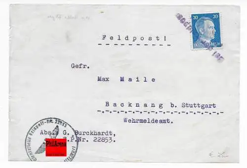 Feldpost: Bei der Feldpost eingeliefert, FP Nr. 22853 nach Backnang, Päckchen