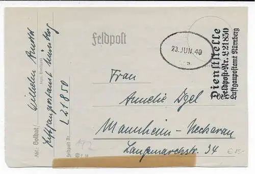 Feldpost: FPNr. L21850 Luftgaupostamt Nürnberg nach Mannheim
