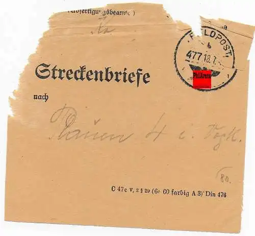 Feldpost: Vorbindezettel Streckenbriefe Nr. 477 nach Paun 1942