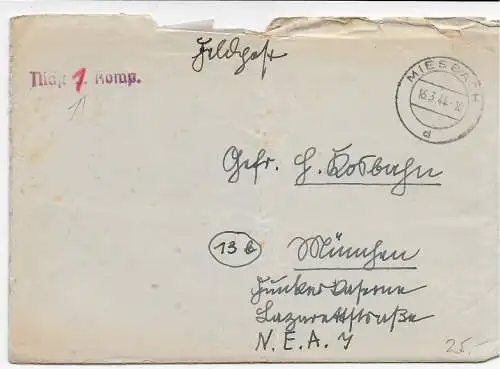 Feldpost: Brief aus Miesbach 1944 nach München - Funker Kaserne