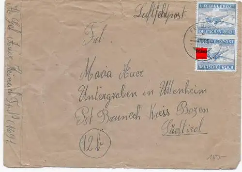 Feldpost: Luftfeldpost Südtiroler mit FPNr. 01691, 1944 mit PLZ nach Bruneck