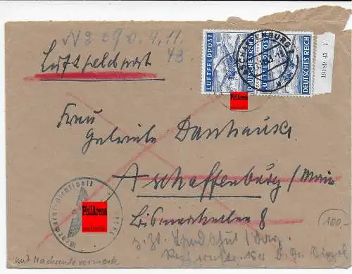 Feldpost: Luftfeldpost FPNr. 39347 nach Aschaffenburg und zurück, Unterrand Nr.