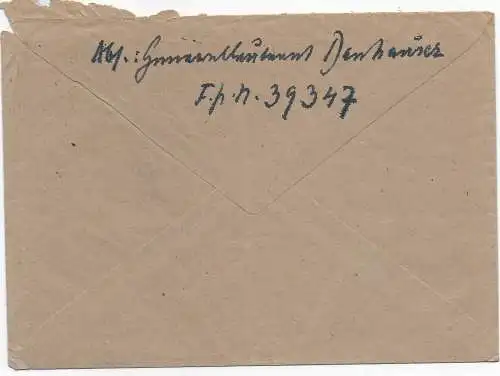 Feldpost: Luftfeldpost FPNr. 39347 nach Aschaffenburg und zurück, Unterrand Nr.