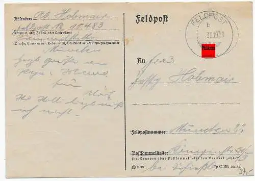 Feldpost: FPNr. 10483 vom 30.10.1939, frühe Feldpost nach München