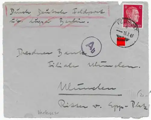 Feldpost: Luftpost 1943 nach Müchen, Vorderseite, Zensurstempel