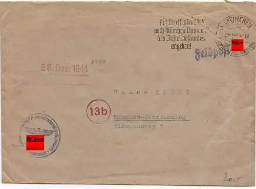 Feldpost: WEFA-H, Hohenfels 1944 nach München