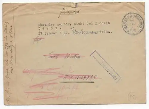 Feldpost: Wasserburg an FPNr. 34759 und zurück, 1942