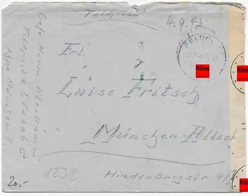 Feldpost: FPNr. L52326 München, 1943, Zensur: Feldpostprüfstelle