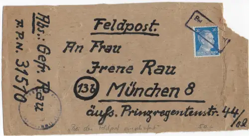Feldpost: Päckchenadresse FPNr. 31510 nach München Bei der Feldpost eingeliefert