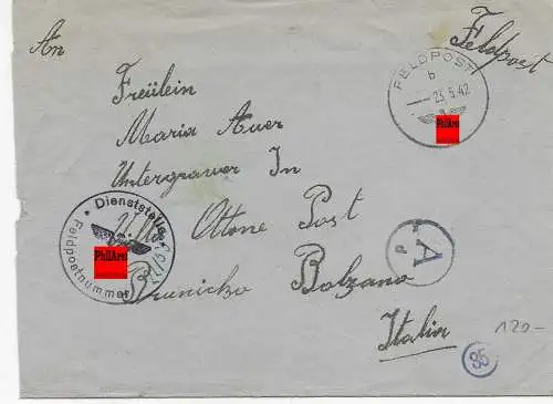 Feldpost: FPNr. 22155B eines Südtirolers nach Italien - Bozen, 1942, OKW Zensur